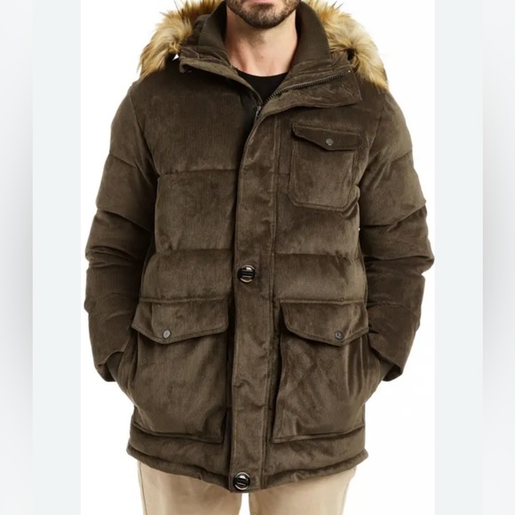 Rainforest Faux Fur Trimmed Gray Corduroy Winter Coat Men’s large